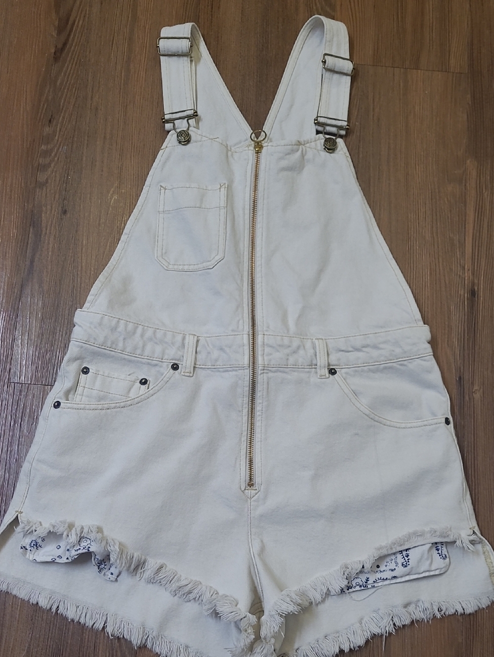 We The Free Cream Short Denim Overalls with Front Zip